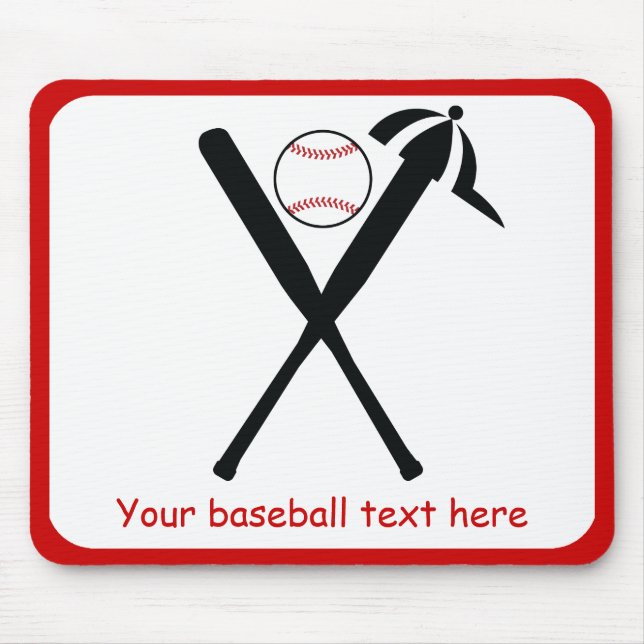 Baseball crossed bats and cap black, red custom mouse pad (Front)