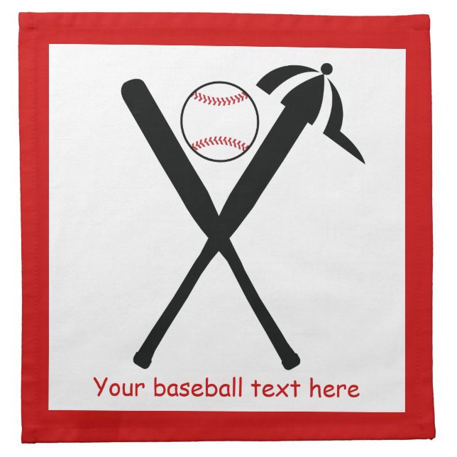 Baseball crossed bats and cap black, red custom napkin (Front)