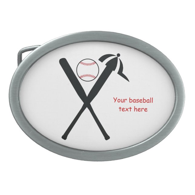 Baseball crossed bats and cap black, red custom oval belt buckle (Front)