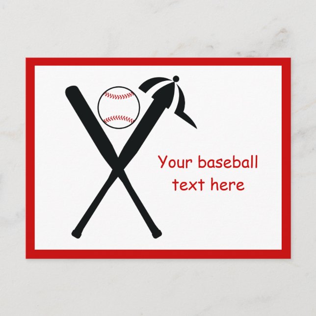 Baseball crossed bats and cap black, red custom postcard (Front)