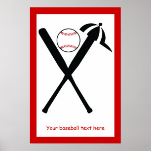 Baseball crossed bats and cap black, red custom poster