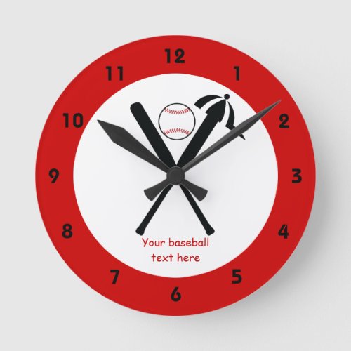 Baseball crossed bats and cap black red custom round clock