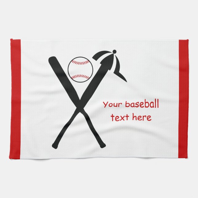 Baseball crossed bats and cap black, red custom towel (Horizontal)