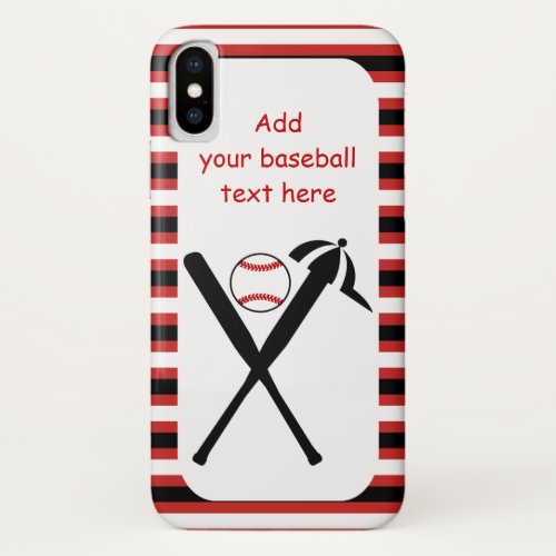 Baseball crossed bats and cap black red stripes iPhone x case