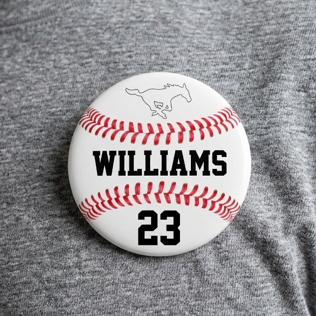 Baseball Custom Player Name Number and Team Logo Button (Personalized baseball round button with custom logo, player name and number.)