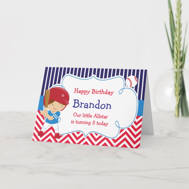 Baseball Cute Brown Hair Boy Birthday Party Card (Front)