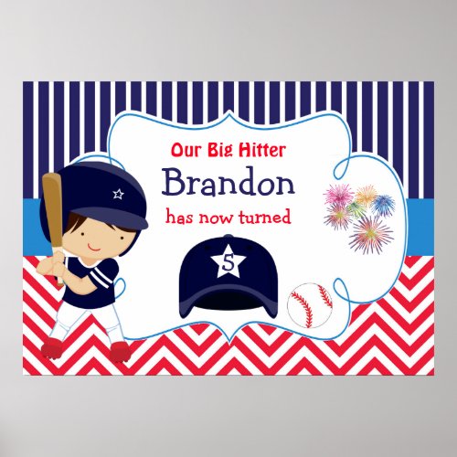Baseball Cute Brown Hair Boy Birthday Poster