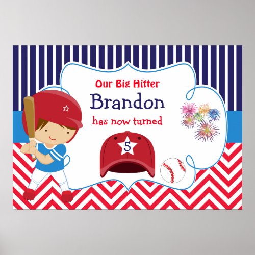 Baseball Cute Brunette Boy Birthday Poster