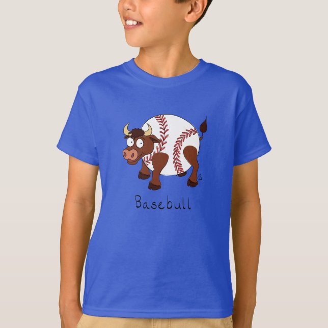 Baseball Cute Kids Cartoon Bull T-Shirt (Front)