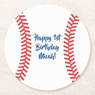 Baseball Cute Sports 1st Birthday Party Round Paper Coaster