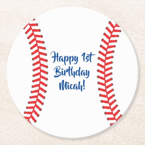Baseball Cute Sports 1st Birthday Party Round Paper Coaster