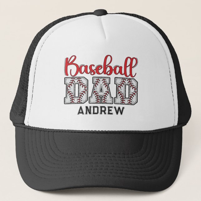 Baseball Dad Name Typography Red Trucker Hat (Front)