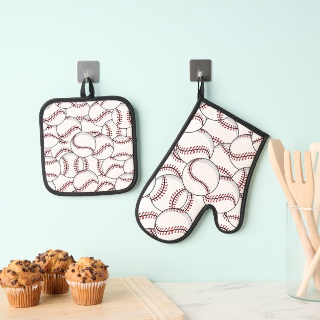 Baseball Design Oven Mitt and Pot Holders Oven Mitt & Pot Holder Set (Insitu(Hanging))
