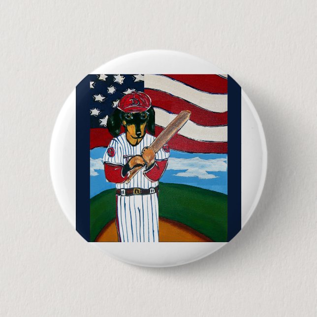 Baseball doxie pinback button (Front)