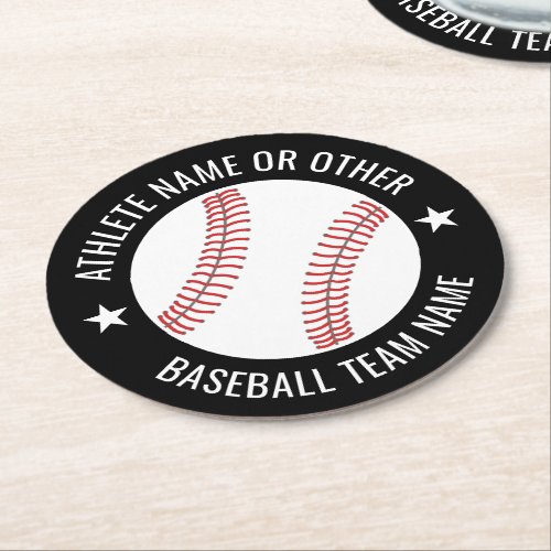 Baseball Drawing with Team and Athlete Name modern Round Paper Coaster