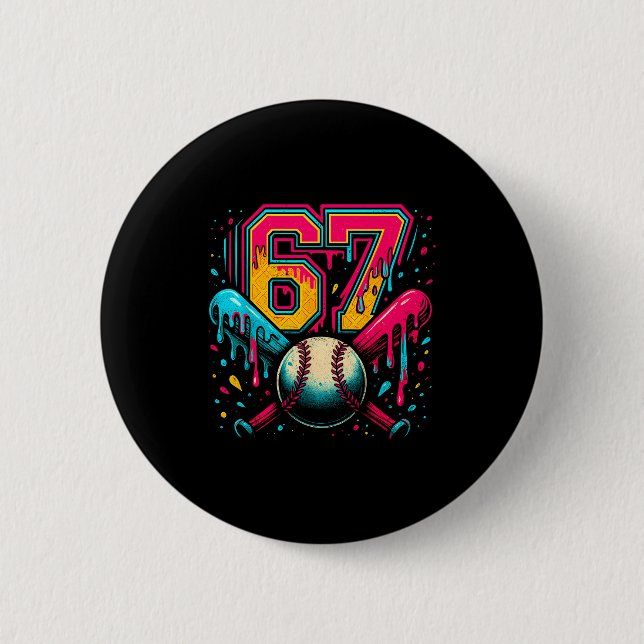 Baseball Drip 6 7 Number 67 Six Seven Meme Mens Bo Button (Front)