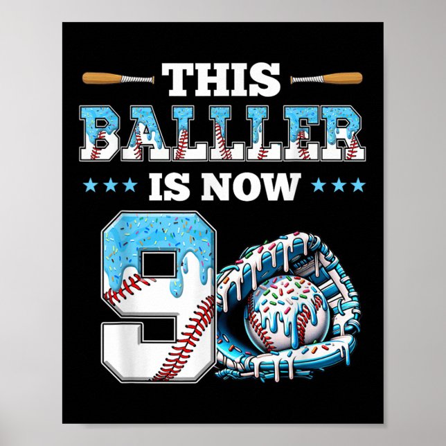 Baseball Drip 9th Birthday Party Boy Sport Fan 9 Y Poster (Front)