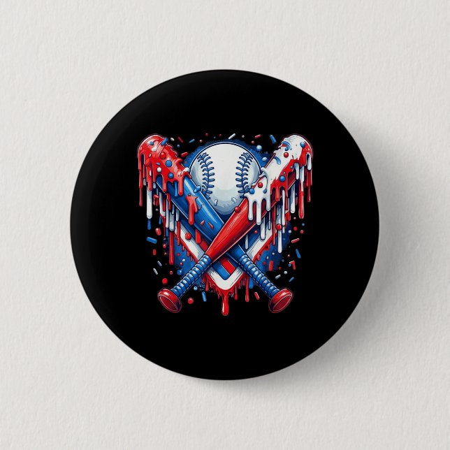 Baseball Drip American Flag Bat 4th of July Button (Front)