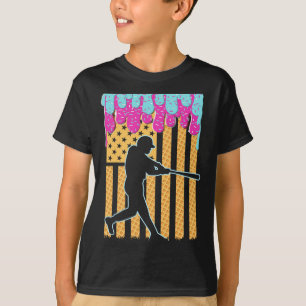 Baseball Drip Bat Boys Ice Cream American Flag 4th T-Shirt