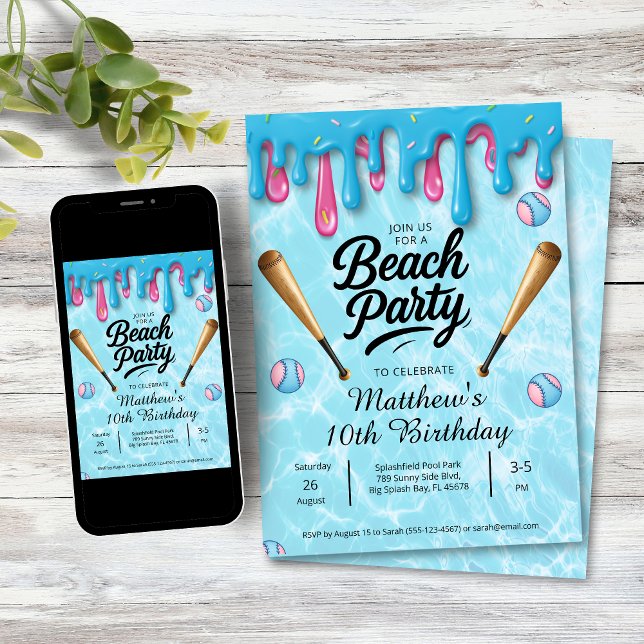 Baseball Drip Beach Party Kids / Teenagers Invitation (Baseball Drip Birthday Beach Party Invitation
)