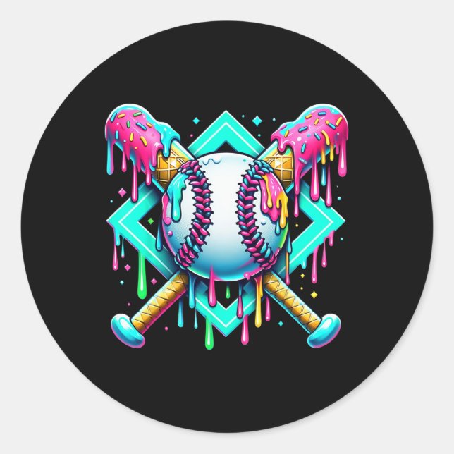 Baseball Drip For Boys Ice Cream Dripping Girl Bas Classic Round Sticker (Front)