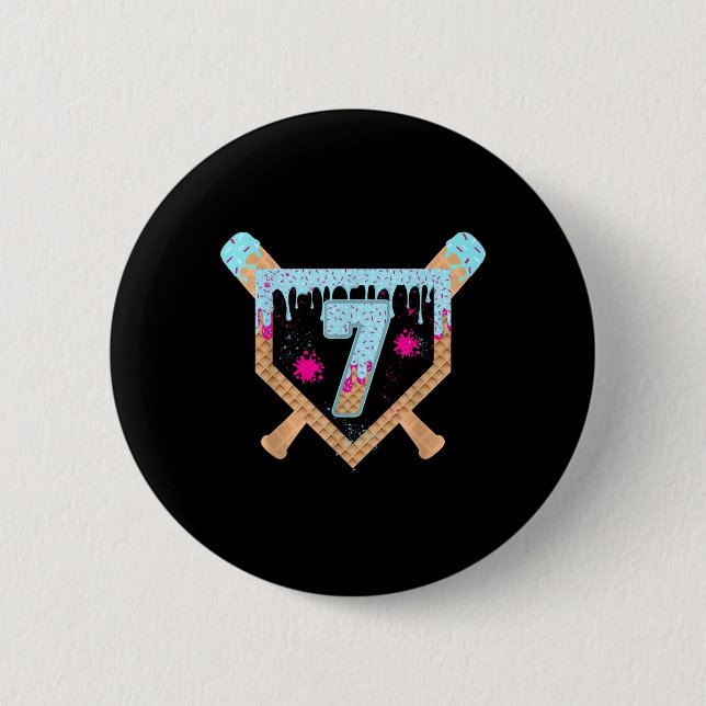 Baseball Drip Ice Cream Dripping 7 Year Old 7th Bi Button (Front)