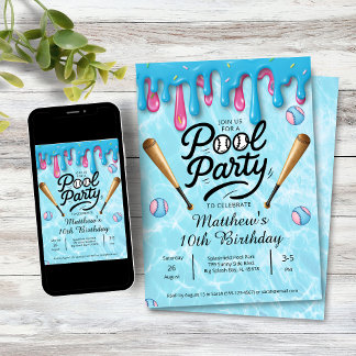 Baseball Drip Pool Party Kids / Teenagers Invitation