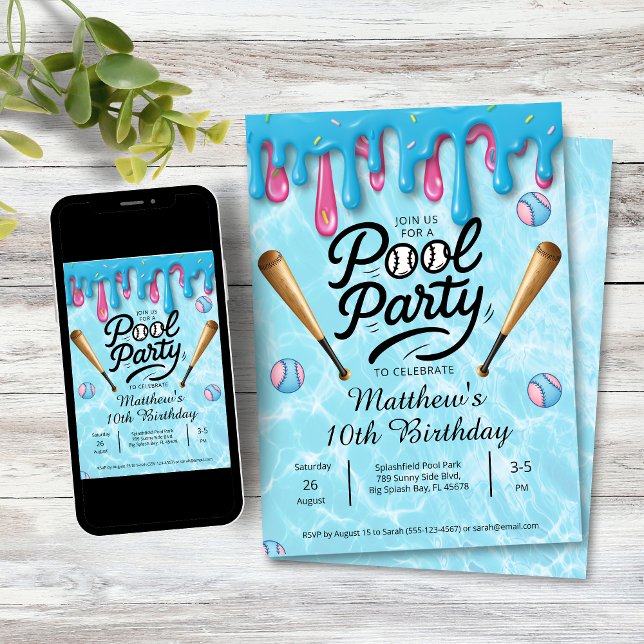 Baseball Drip Pool Party Kids / Teenagers Invitation (Baseball Drip Pool Party Birthday Invitation)