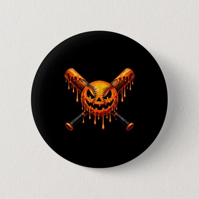 Baseball drip pumpkin spooky ghost halloween boys button (Front)