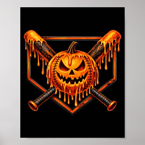 Baseball drip pumpkin spooky ghost halloween boys poster
