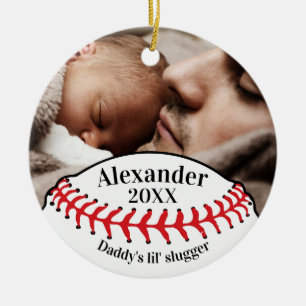 Baseball Fan Daddy's Lil' Slugger with Photo Ceramic Ornament