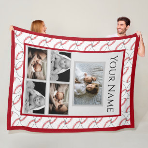 Baseball Fan Pattern with Custom Photos and Name Fleece Blanket