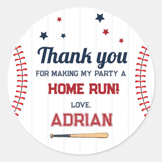 Baseball Favor thank you Birthday Classic Round Sticker (Front)
