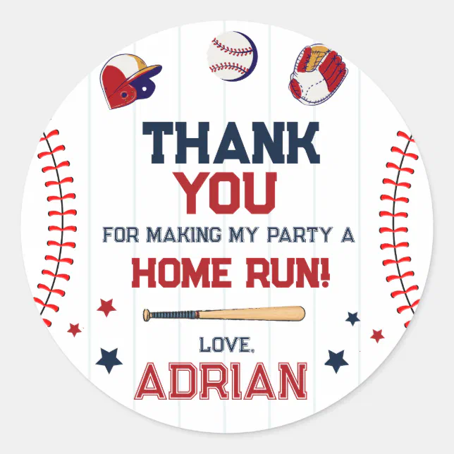 Baseball Favor thank you Birthday Classic Round Sticker | Zazzle
