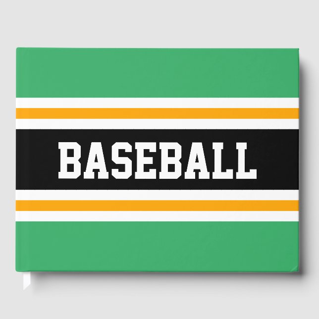 BASEBALL Festive Bright Green Orange Black Stripes Guest Book (Front)