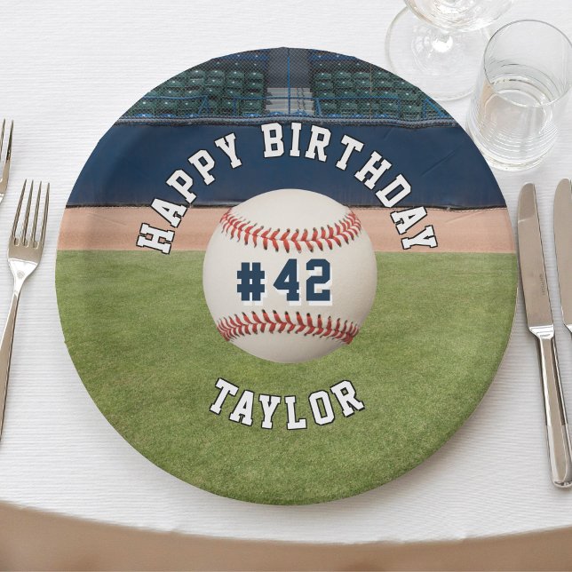 Baseball Field Team Number Sports Happy Birthday Paper Plates (sports baseball field happy birthday paper plates)