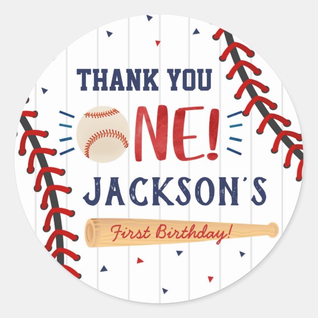 Baseball First 1st Birthday Thank You Stickers (Front)