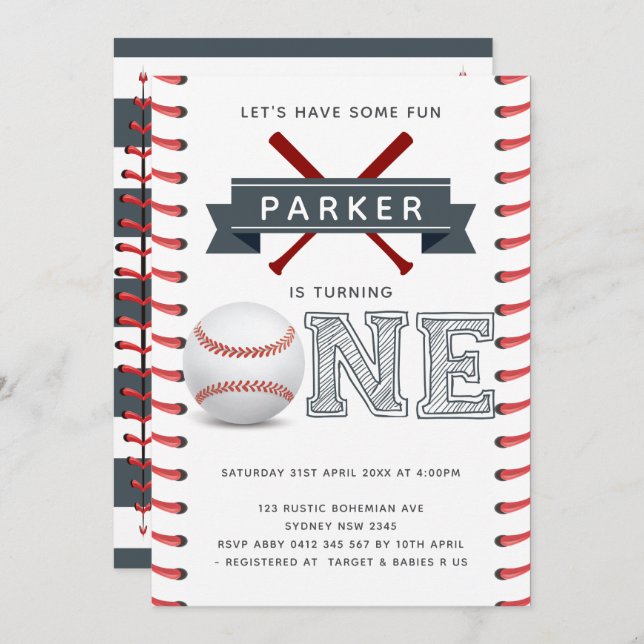 Baseball First Birthday Boy Invitation (Front/Back)