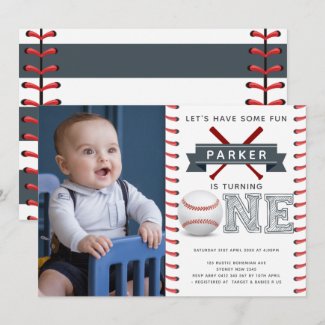 Baseball First Birthday Boy Photo Invitation