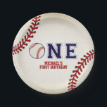 Baseball First Birthday Paper Plates<br><div class="desc">Baseball First Birthday plates. STRIKE ONE! This napkin is created with a vintage background texture, baseball stitch accents with "One" in the center, the "O" is replaced with a baseball. Additional party supplies are available at Metro-Events Zazzle shop and Metro-Event.com. For further customization, please click the "Customize it" button and...</div>