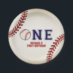Baseball First Birthday Paper Plates<br><div class="desc">Baseball First Birthday plates. STRIKE ONE! This napkin is created with a vintage background texture, baseball stitch accents with "One" in the center, the "O" is replaced with a baseball. Additional party supplies are available at Metro-Events Zazzle shop and Metro-Event.com. For further customization, please click the "Customize it" button and...</div>