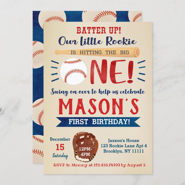Baseball First Birthday Party Invitations (Front/Back)