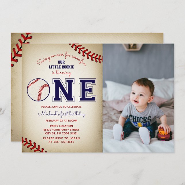 Baseball First Birthday Photo Invitation (Front/Back)