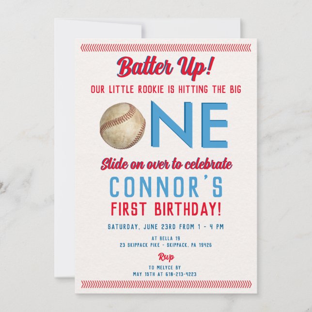 baseball first birthday printed or digital invitation (Front)