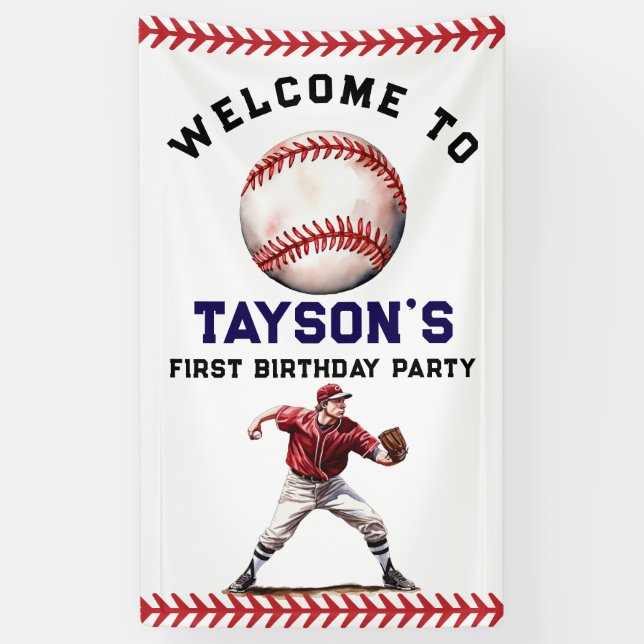 Baseball First Year Down 1st Birthday  Banner (Vertical)