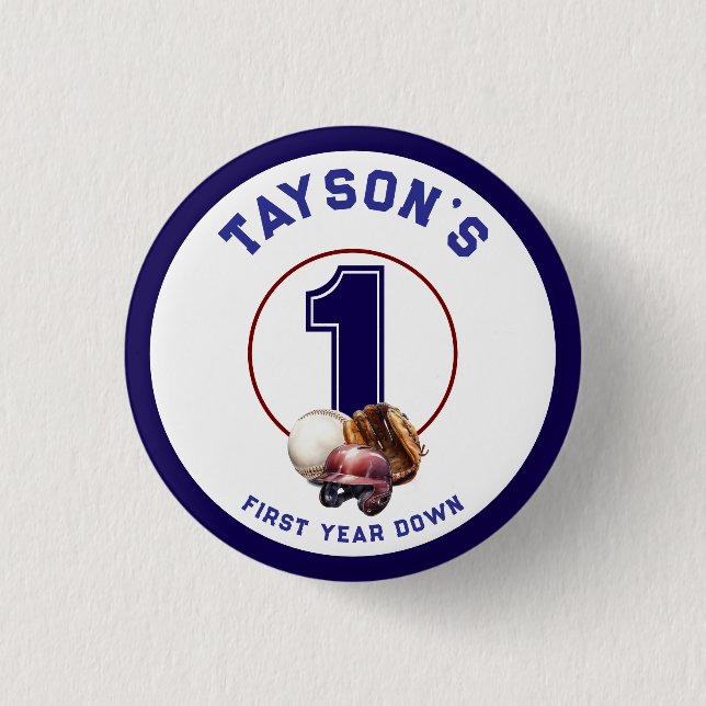 Baseball First Year Down 1st Birthday Button (Front)