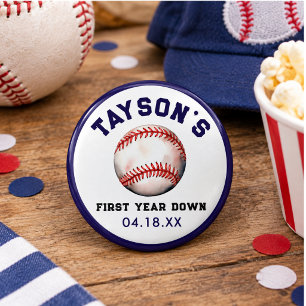 Baseball First Year Down 1st Birthday Button