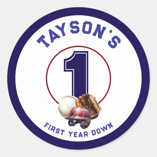 Baseball First Year Down 1st Birthday Classic Round Sticker (Front)