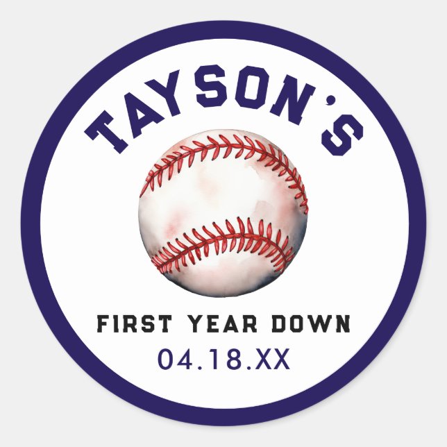 Baseball First Year Down 1st Birthday Classic Round Sticker (Front)