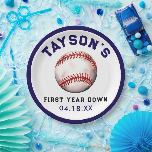 Baseball First Year Down 1st Birthday Paper Plates (Party)